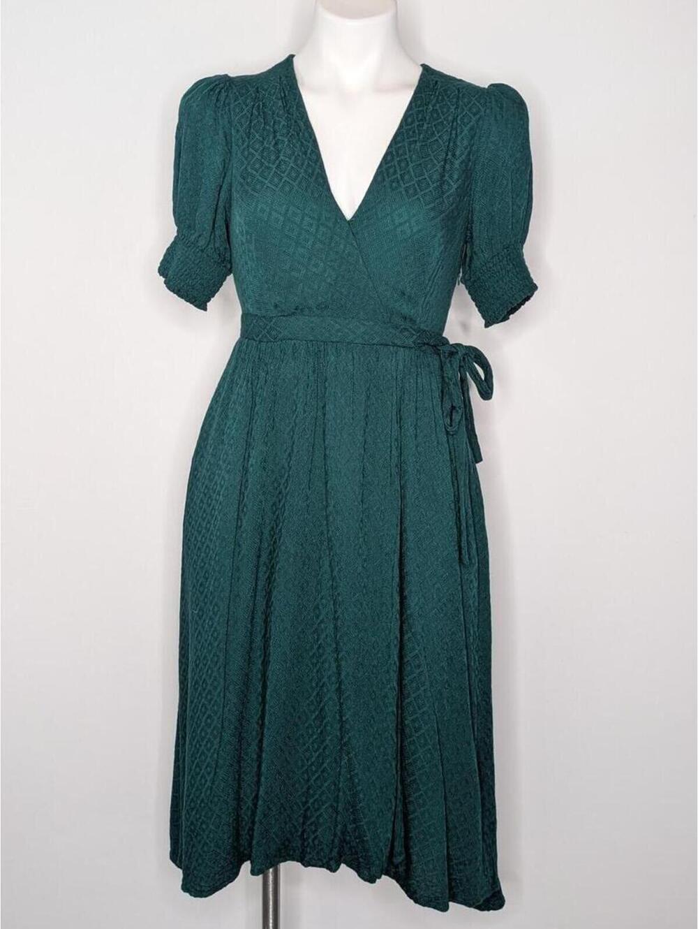 Anthro Maeve Breanna Green Diamond Pattern V Neck Short Sleeve Dress 6P